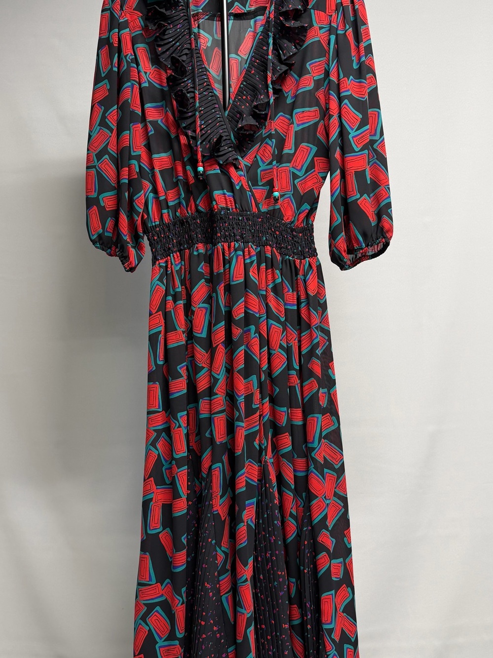 Assorti For Susan Freis Vintage Ruffled Collar Midi Dress w/ Geometric Print USA